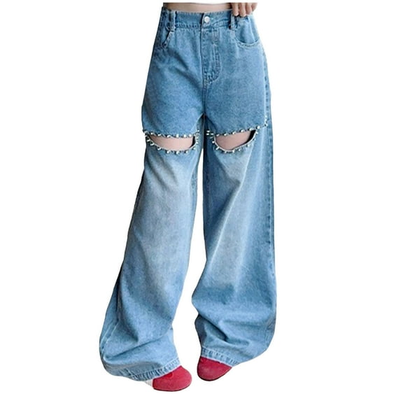 Kogui Little Girl Jeans Jeans for Girls Baggy Wide Leg Cute High Elastic Waisted Denim Pants Skater Streetwear Size 8-9 (Blue,8-9 Years)