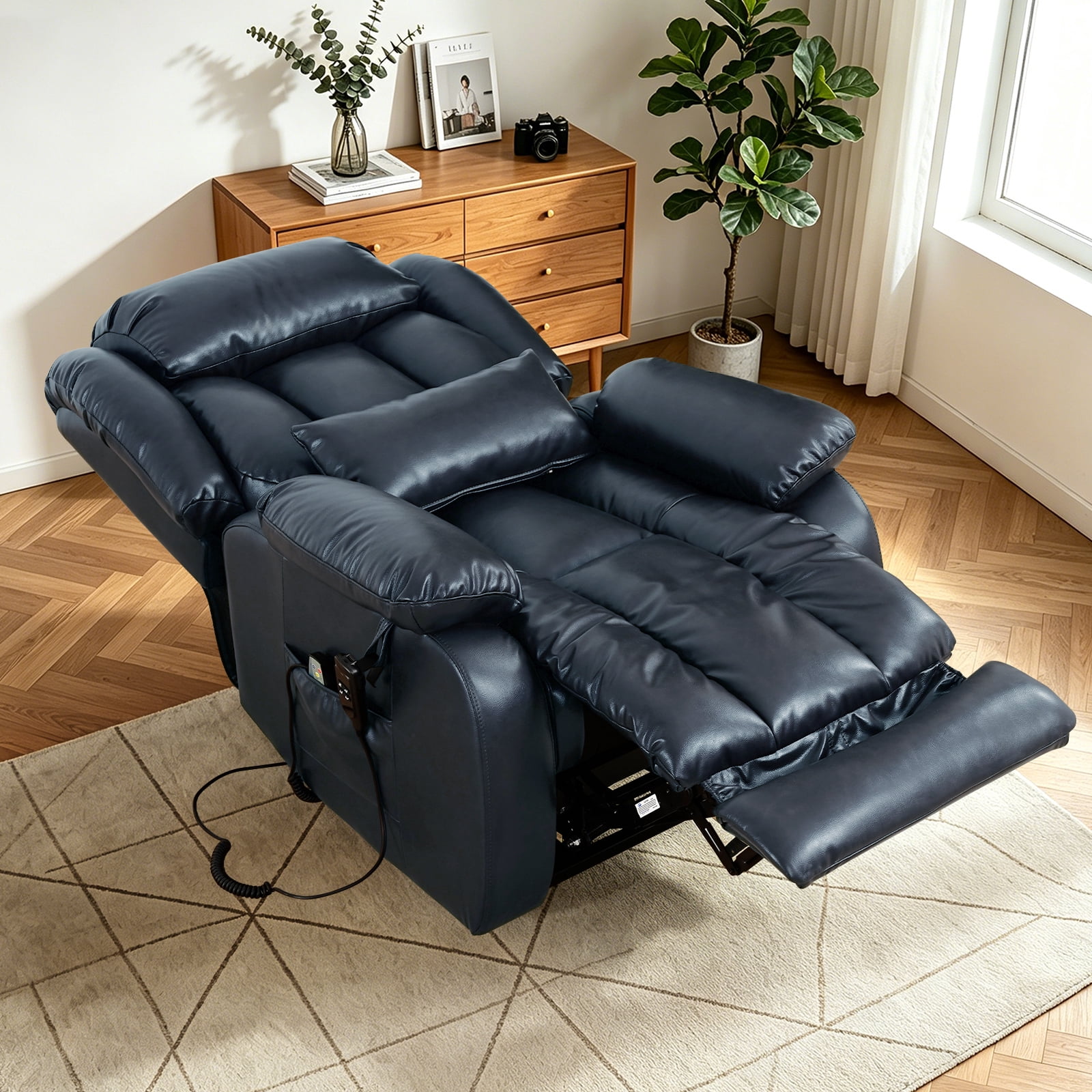 TEKAMON Infinite Position Lift Recliner Chair for Elderly with Heat Massage and Extended Footrest Lay Flat Sleeping Leather Dual Motor Power Lift Chair for Living Room (Blue)
