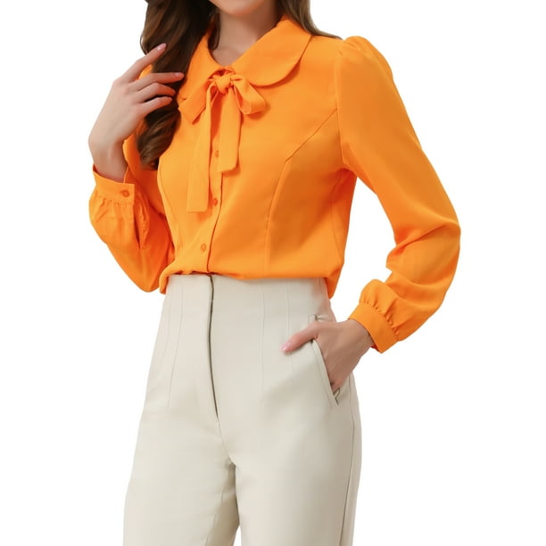 CAMISA DE MUJER CON BOTONES INSPIRE CHIC, CUELLO PETER PAN, CON LAZO, BLUSA DE COLOR SÓLIDO XL NARANJA
