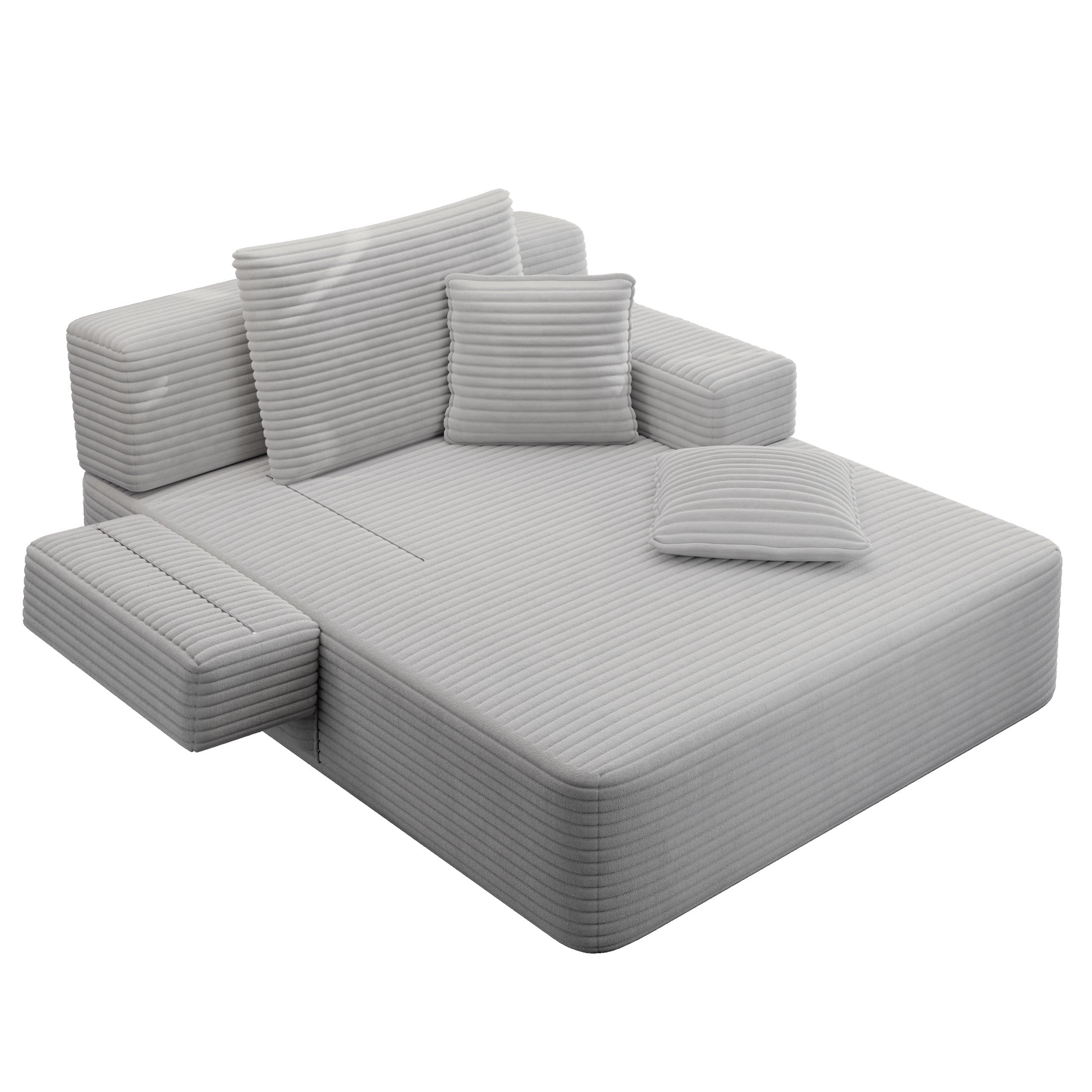 Noble House 49" Plush Corduroy Chaise Lounge, Convertible Sleeper Sofa Bed with Storage Pocket, Small Spaces, Light Gray