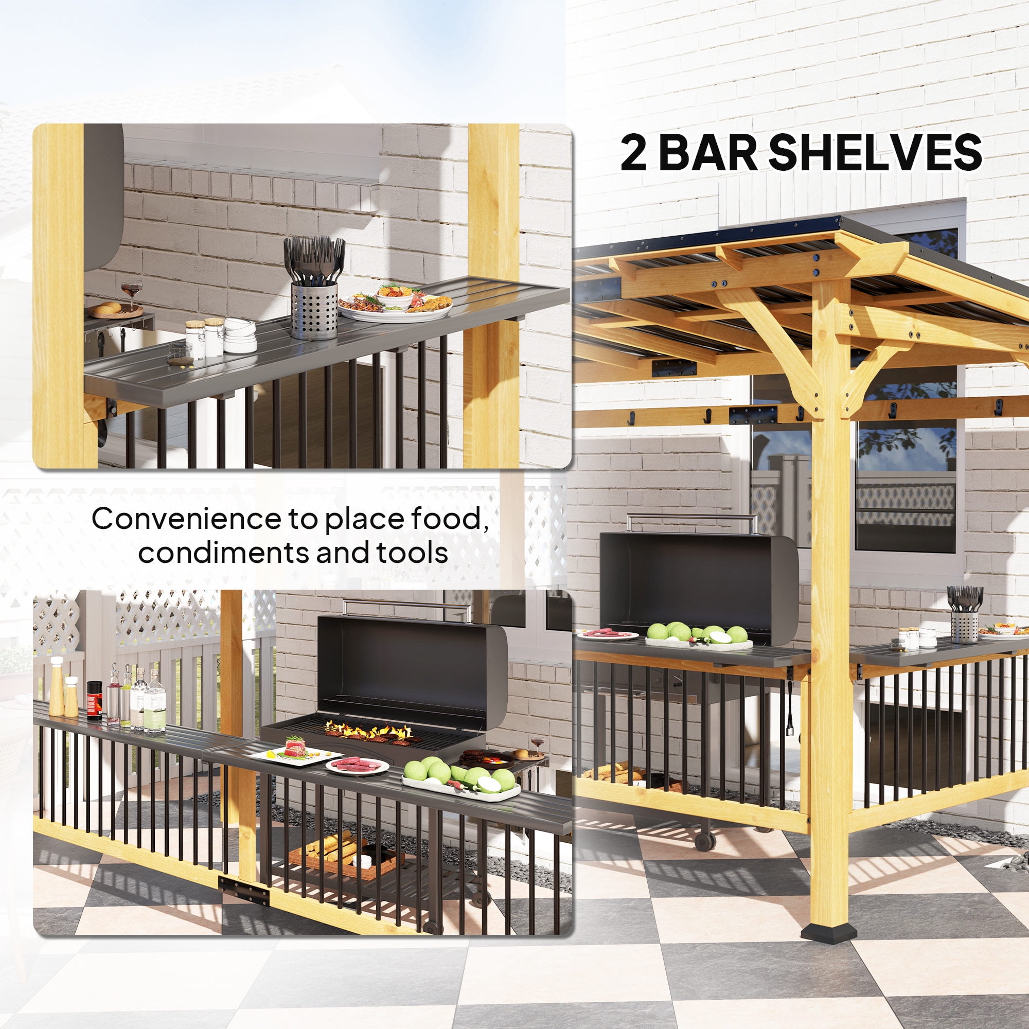 Outsunny 13' x 6' Wooden Grill Gazebo, Hardtop Outdoor BBQ Gazebo with with Metal Roof, 2 Bar Shelves and 6 Hooks for Patio, Deck, Yard, Natural