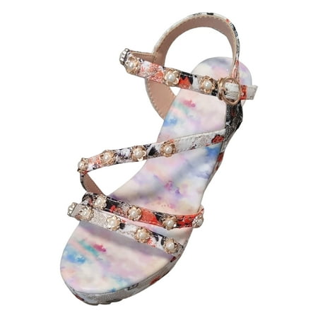 

YUHAOTIN Female Womens Black Sandals Dressy Women Summer Flowers Prints Buckle Strap Casual Open Toe Wedges Comfortable Beach Shoes Sandals Hiking Sandals Kids Womens Platform Sandals Beach