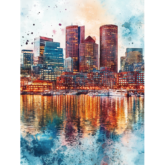 Boston Cityscape Watercolor Painting/Canvas Print, Suitable for Living Room, Bedroom, Office, Hotel, and Restaurant Decoration.