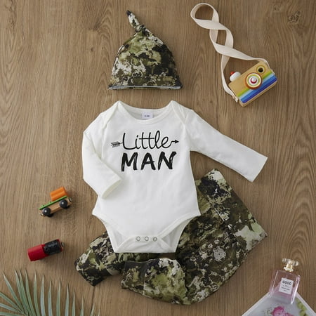 

Lovebay Newborn Baby Boy Cartoon Romper Camo Pants Hat Fall Clearance 3PCS Outfits