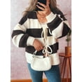 thumbnail image 2 of Women'S Loose Casual V-Neck Long-Sleeved Sweater Jacket Striped Contrast Lace-Up Knitted Cardigan Brown S, 2 of 8