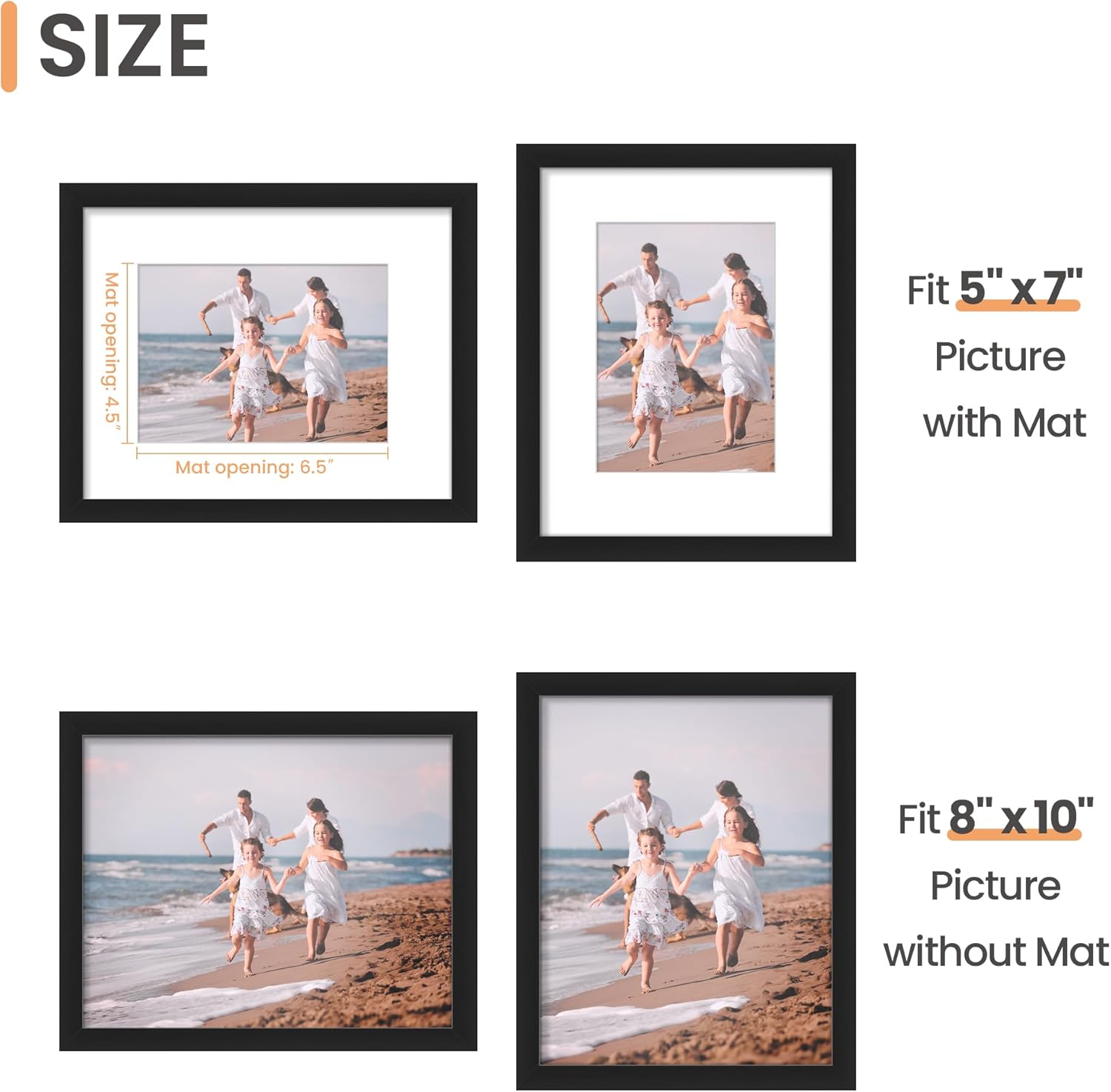 SINDCOM 8 X 10 PICTURE FRAME , BLACK , GALLERY WALL FRAME , DISPLAY PICTURES 5X7 WITH MAT OR 8 X 10 WITHOUT MAT, PHOTO FRAMES