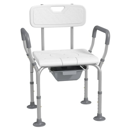 3-in-1 Shower Chair with Back and Arms, Height Adjustable Bedside Commode, Raised Toilet Seat with Non-Slip Rubber Foot Pad for Seniors, Disabled, White