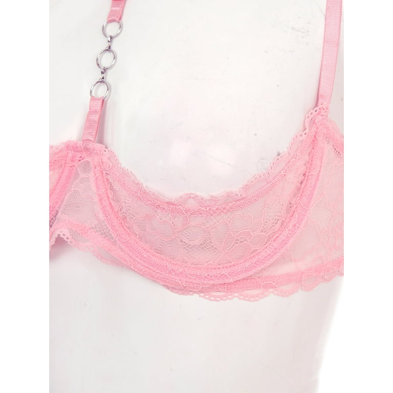 YONGHS Womens Sheer Lace Lingerie 1/4 Cups Bare Exposed Breast Underwire  Halter Neck Push Up Bra Top Pink L