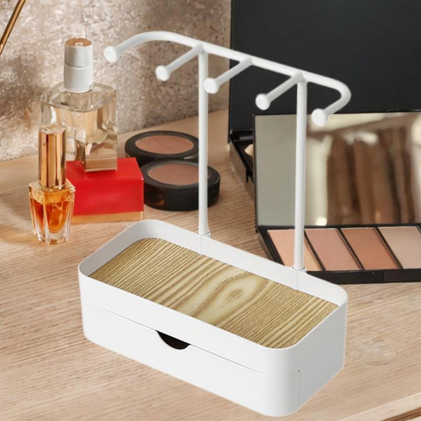 FVDPWYE Hanging Jewelry Stand Organizer with Wooden Tray Keychain 5 Hooks Storage Drawer White