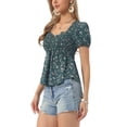 thumbnail image 4 of INSPIRE CHIC Women's Peplum Top Short Sleeves Sweetheart Neck Shirred Floral Blouse Dark Green L, 4 of 6