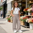 thumbnail image 6 of ITSAME Girls Cotton Wide Leg Pants High Waist Drawstring Breathable Loose Casual Pants for Kids Khaki Size 11, 6 of 9