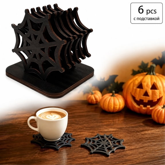 6 Pack Halloween Wooden Coasters, Hollow Spider Web Design Drink Coasters with Holder for Coffee Table Bar Home Party Decor