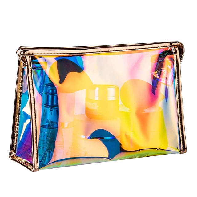 Bolsa de maquillaje holográfica para damas y damas de honor, bolsa de maquillaje portátil impermeable y bolsa transparente de artículos de tocador