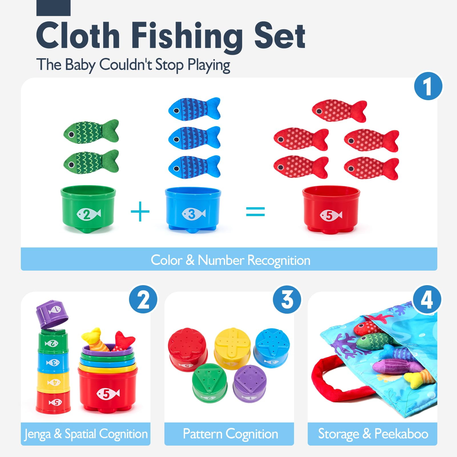 ToyM Toddler Toys Montessori Toys for 1 Year Old Boy Girl Birthday Gift, 10 in 1 Cloth Fishing Game with Stacking Cups- Number Counting, Color Sorting, Shape Learning Easter Gifts Toddler Boy
