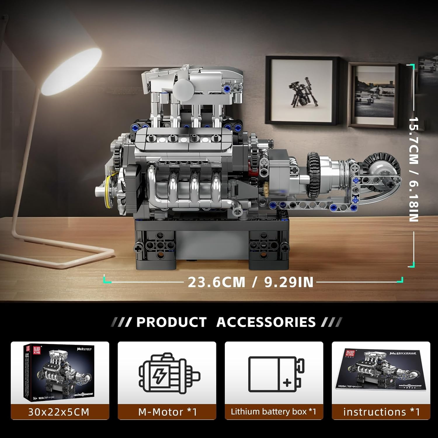 10206 V8 Combustion Engine Model Kit that Runs, Build Your Own MOC V8 Engine Model Toy, 8-Cylinder Petrol Car Engine Replica Model Building Kit (737 PCS)