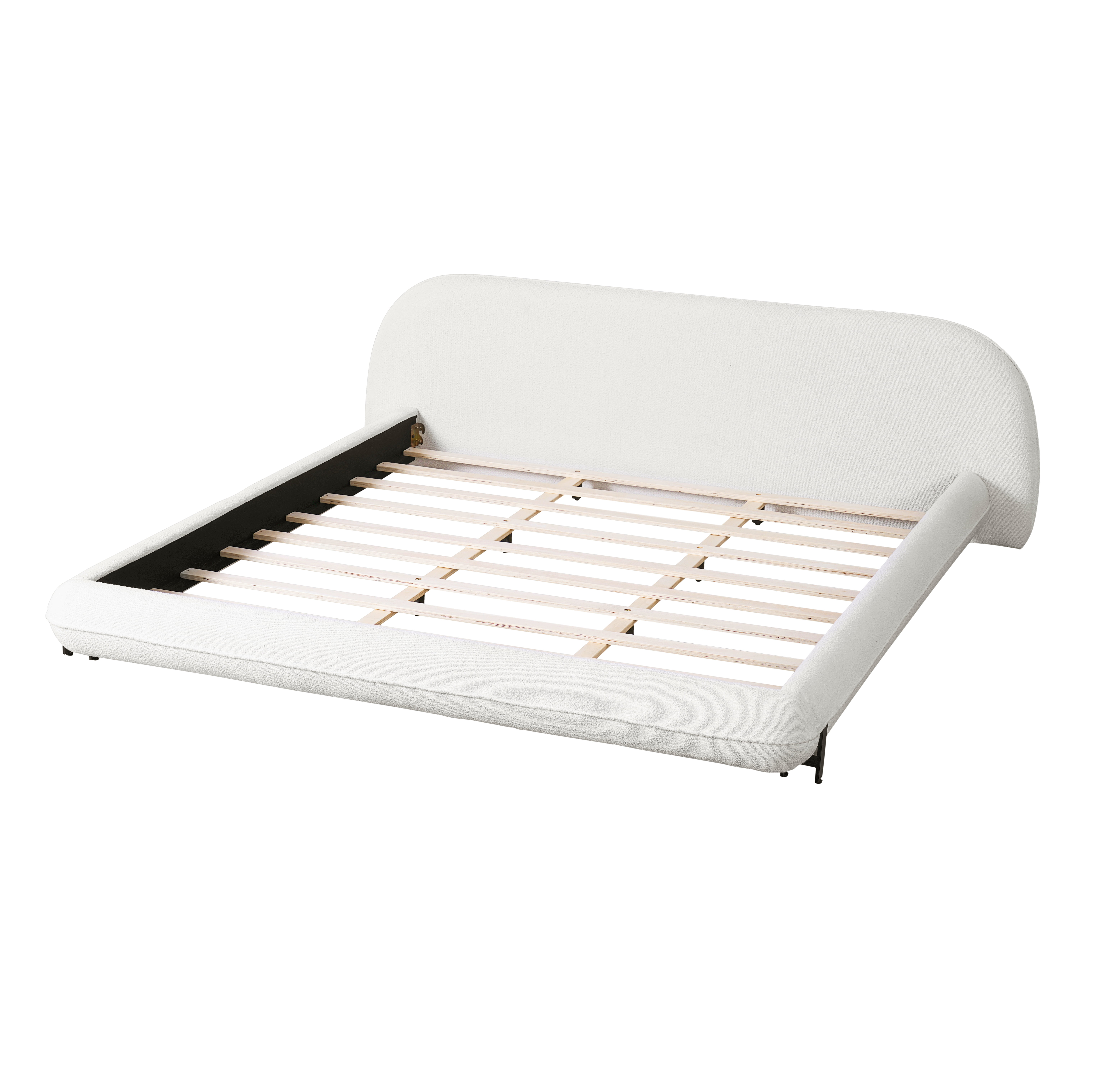 King Size Bed Frame with Soft Boucle Fabric, Curved Thick Padded Headboard, Upholstered Platform Bed for Bedroom, White