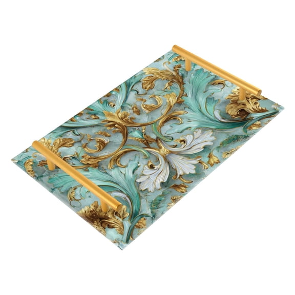 Bath Accessories Sets Single Print Decorative Tray With Handle For Home Bathroom Bedroom Aqua Gold