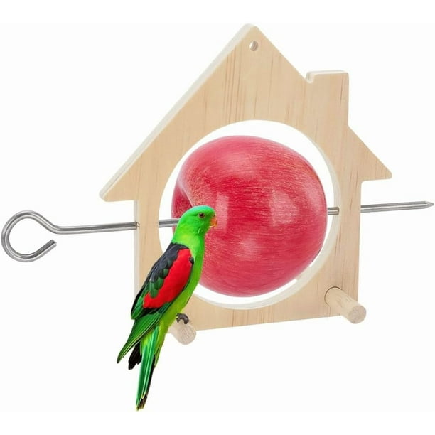 Comedero colgante de madera con forma de casita para pájaros (15 x 22,7 x 1 cm). Incluye frutero y dos perchas. Ideal para jardín, patio y terraza.