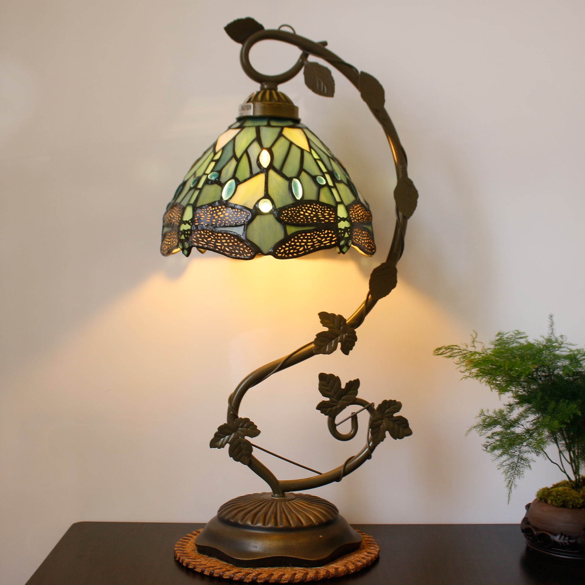 Tiffany Lamp - Bedside Lamp with Stained Glass Shade, Sea Blue Dragonfly Table Lamp with Antique Metal Leaf Thin Base for Small Space of Living Room, Bedroom, Banker Desk Light