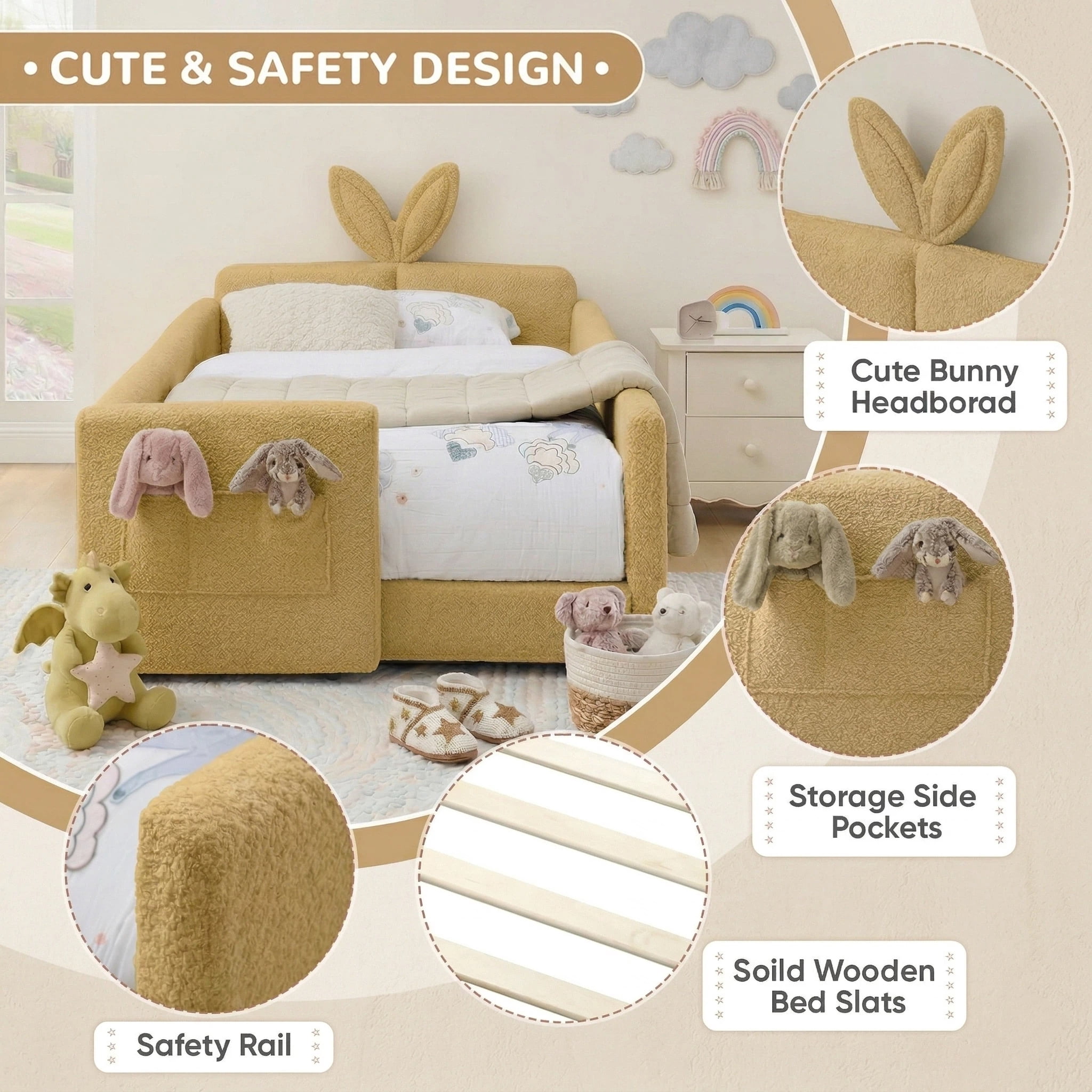 Aisword Twin Size Kids Bed with Rabbit Ear Headboard, Upholstered Daybed with Slat Support & Side Pockets, Yellow