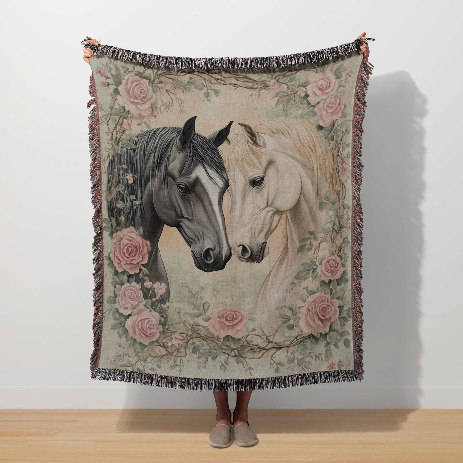 Black and Cream Horses with Pink Roses Woven Throw Blanket, 100% Cotton, Vintage Botanical Home Accent