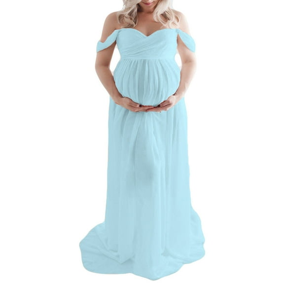 Maternity Long Dress Off Shoulder Elegant Stylish Loose Hem Pregnant Woman Dress for Bridal Shop Shooting Light Blue S