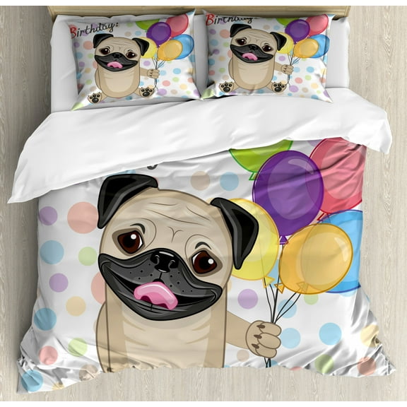 Kids Birthday Duvet Cover Set King Size, Animal Cute Dog Smiling Pug with Party Balloons Greeting Card Inspired Design, Decorative 3 Piece Bedding Set with 2 Pillow Shams, Multicolor, by Ambesonne