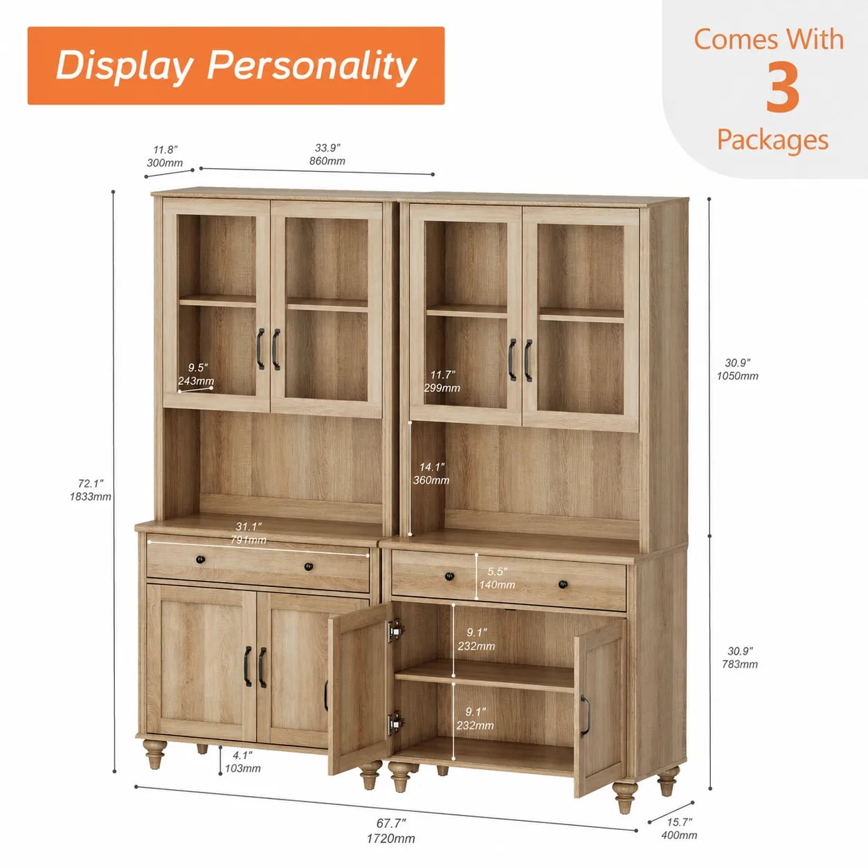 Oak Large Bookcase, Farmhouse Bookshelf with Ample Storage Cabinet, Library Wooden Bookshelves for Living Room, Office, Study Room, Kitchen
