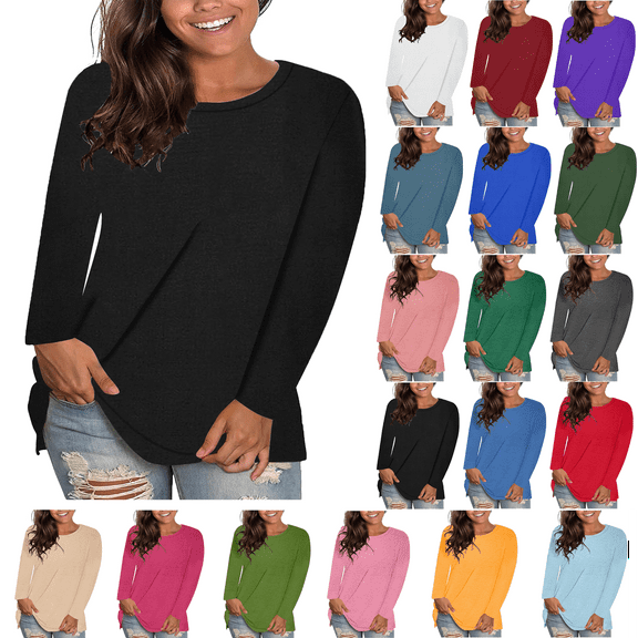 Womens Tops Trendy Lenago Women's Fashion Causal Solid Loose Long Sleeve T-shirt Plus Size Pullover Tops Clothes under $5.00