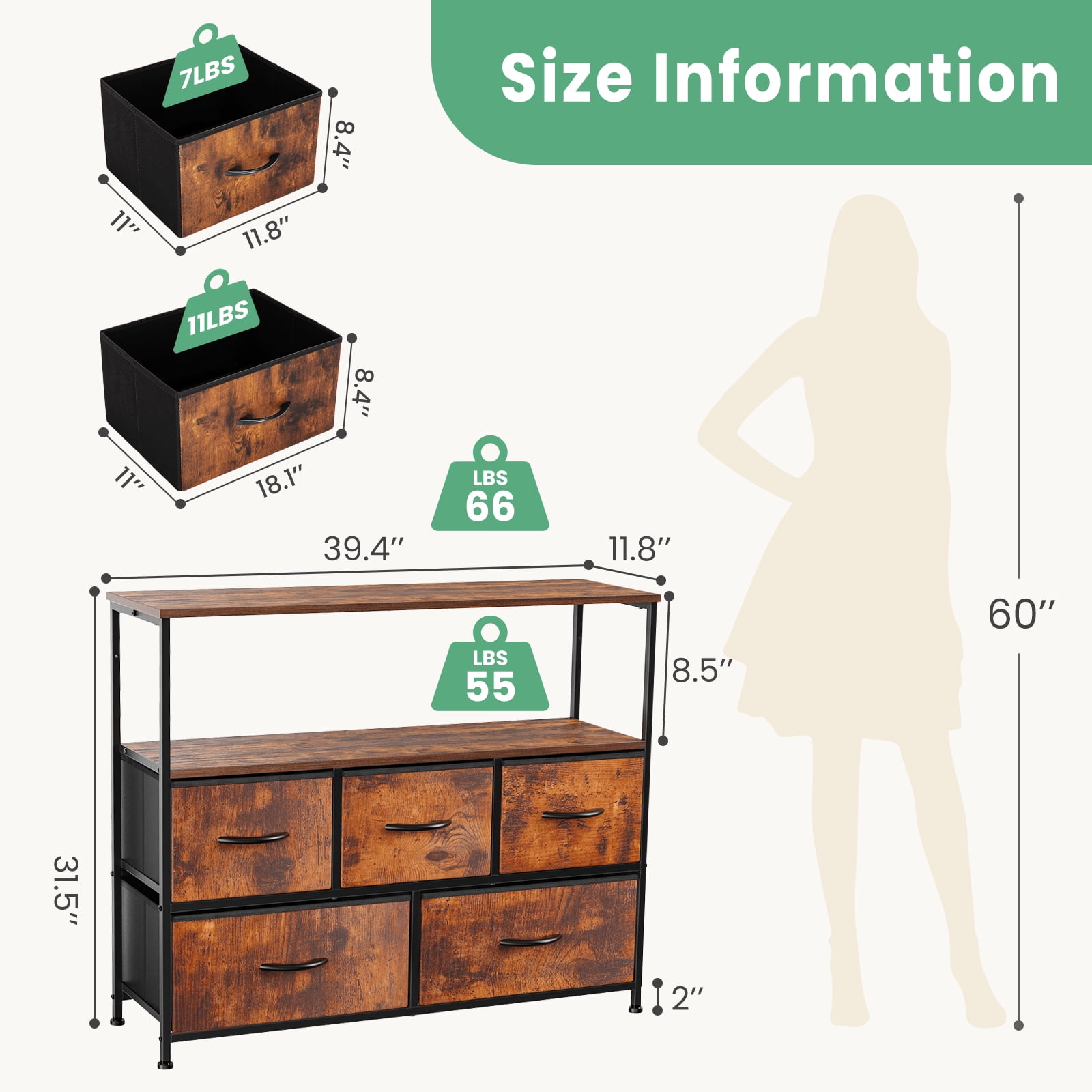 GIANNA TV Cabinet Stand with 5 Fabric Drawers, Adjustable Feet for Bedroom, Rustic Brown