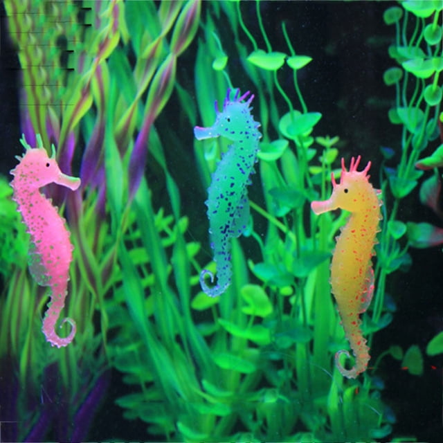 Decoración luminosa de caballitos de mar para acuario, 3 piezas en colores vibrantes (rosa, naranja, verde), material de silicona no tóxico, ideal para añadir vida y color a tu pecera.