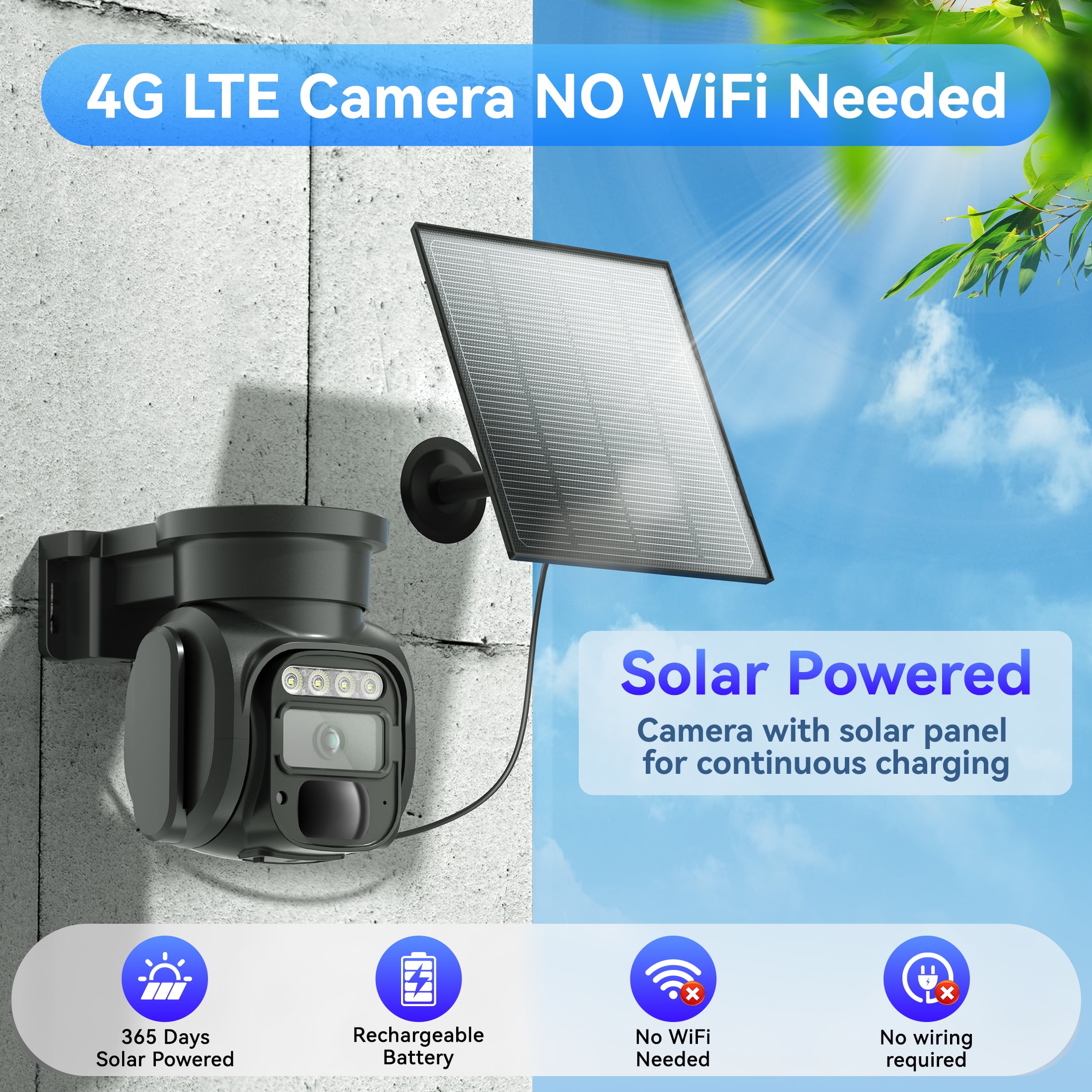 Runofast 4G LTE Cellular Security Camera, No WiFi Security Cameras with SIM Card, Wireless Outdoor Solar Cellular Camera Without Internet with PIR Detection, 2-Way Audio, US Version
