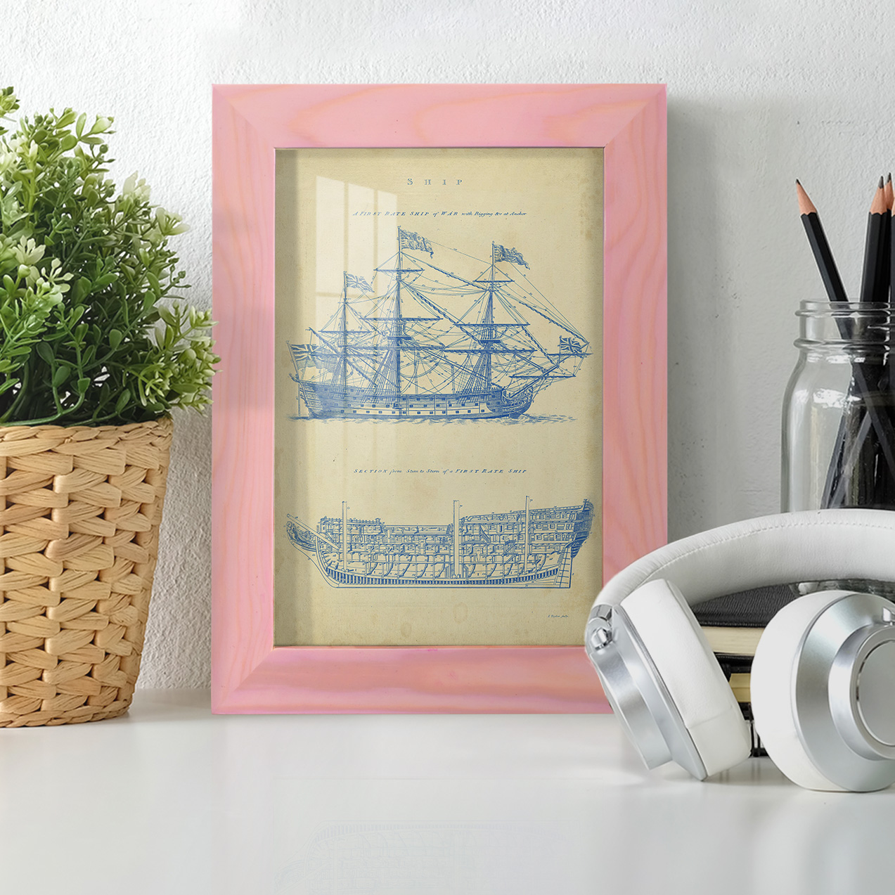 Vintage Ship Blueprint -Framed Print w/glass-Sunset Pink