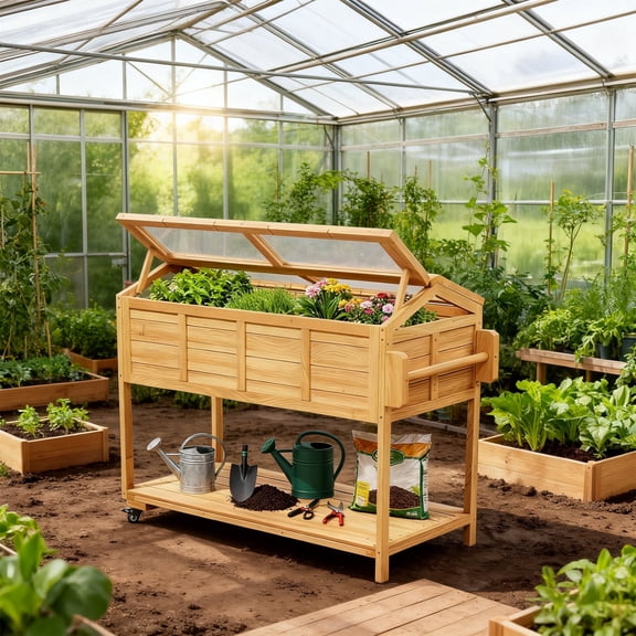 Mobile Raised Garden Bed, Elevated Wooden Planter Box Cart with Storage Shelf ,Cold Frame with Translucent PC Protection,Nature