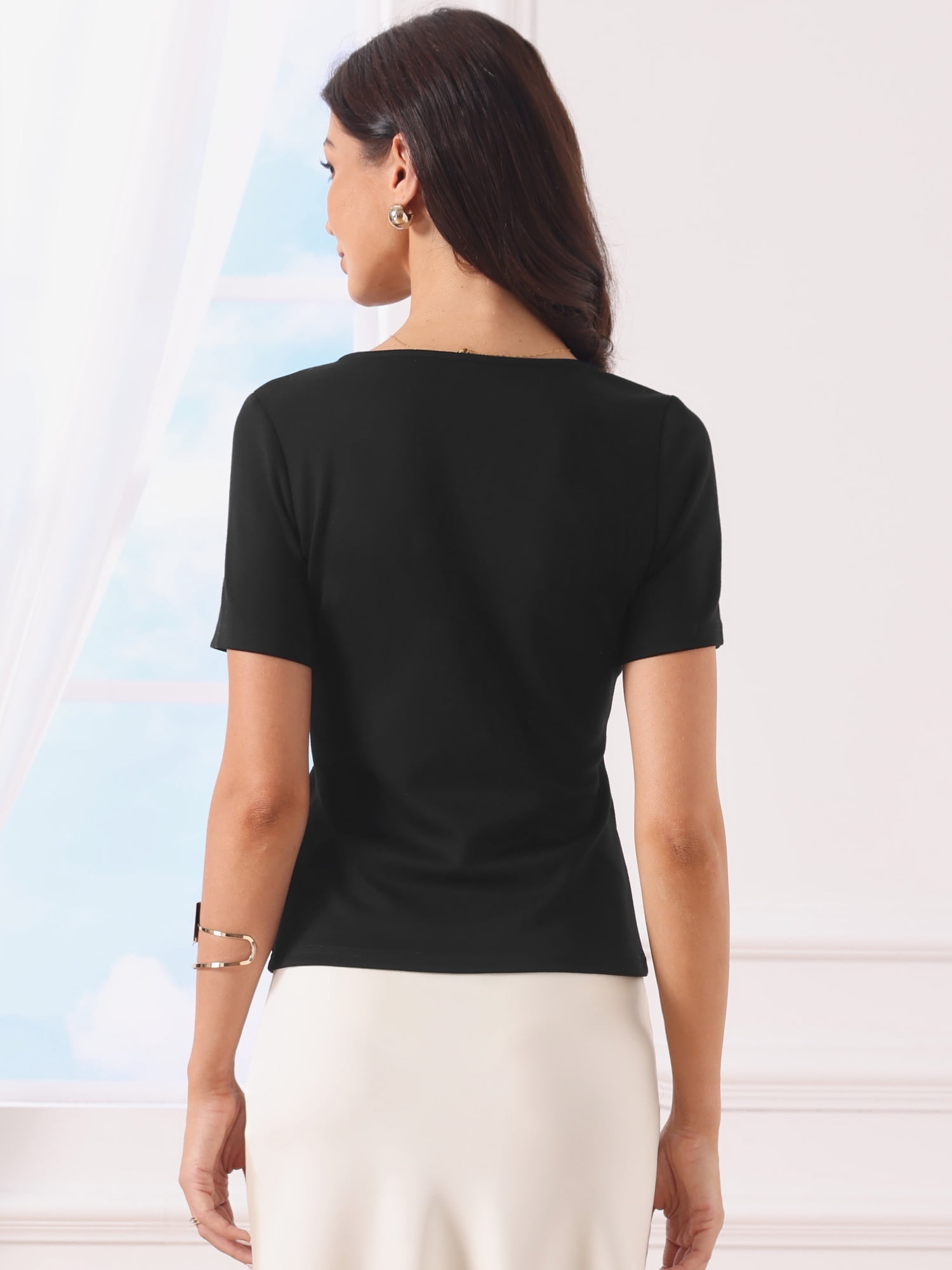 DARING DIVA Women's 2026 Summer Tops Asymmetrical Neck Slim Fit Shirts L Black
