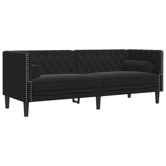 Pemberly Row Fabric Velvet 3-Seater Chesterfield Sofa in Black