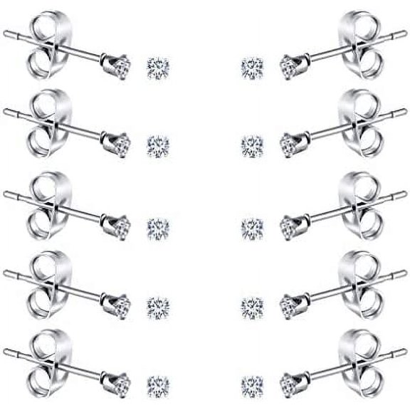 6-10 Pairs Tiny Women's Stainless Steel Round Clear Cubic Zirconia Stud Earrings (2mm 3mm 4mm CZ, Surgical Steel)