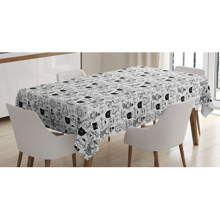 

Kids Tablecloth Comic Doodle Cat Faces with Scarf Hipster Hats Crown Childish Caricature Art Rectangular Table Cover for Dining Room Kitchen 52 X 70 Inches Black and White by Ambesonne