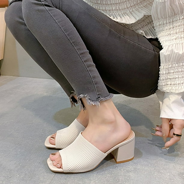Sandalias de tacón grueso de bloque bajo de punto Zapatos de tacón de vestir Sandalias de tacón para mujer