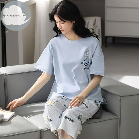 

QWZNDZGR Summer 100% Cotton Cartoon Pajamas Sets Women Pyjamas Sleepwear Nightwear Pijama Mujer Size M-2XL Calf-Length Pants Homewear