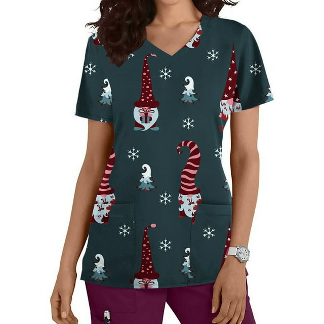LSLJS Blouses Médicales à Manches Courtes Col en V Imprimé de Noël avec Poches pour Infirmières, Christmas Scrub Tops