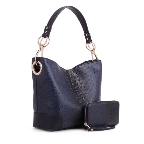MKF Collection Wandy Women's Hobo Bag Set with Wristlet Wallet, Vegan Leather Croco Shoulder Bag 2Pcs by Mia K -Navy Bue