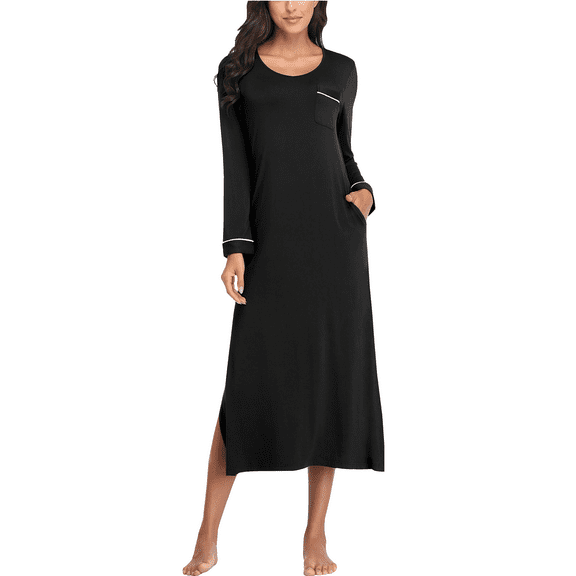 EA'S SECRET Womens Nightgown Full Length Casual Loungewear Long Sleeve V Neck Nightshirt with Pockets(Black,S)