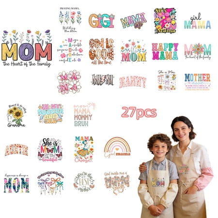 27 Sheets Mother's Day Iron On Transfers, DTF Transfer Ready to Press for T-Shirts, Mom Heart Family Love Joy , DIY Gift for MAMA, Waterproof Heat Transfer Vinyl for Apparel
