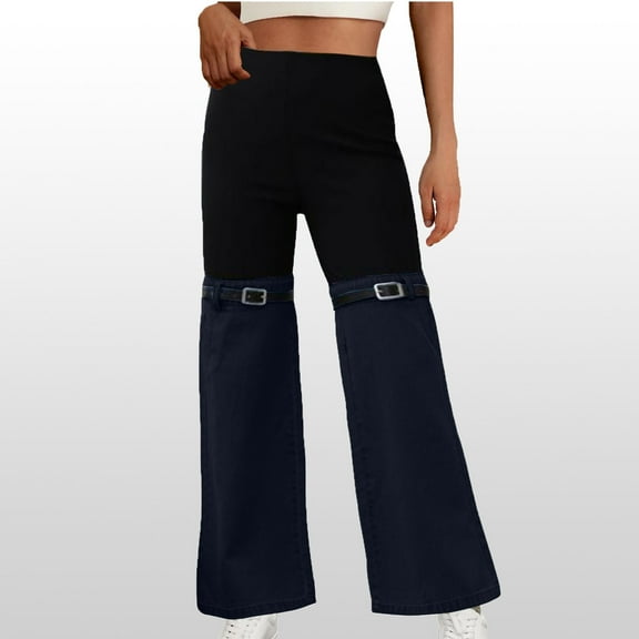 AGWOLF Womens Patchwork Jeans Two Tone Flare Wide Leg Domin Pants Color Block Y2K Streetwear Pant