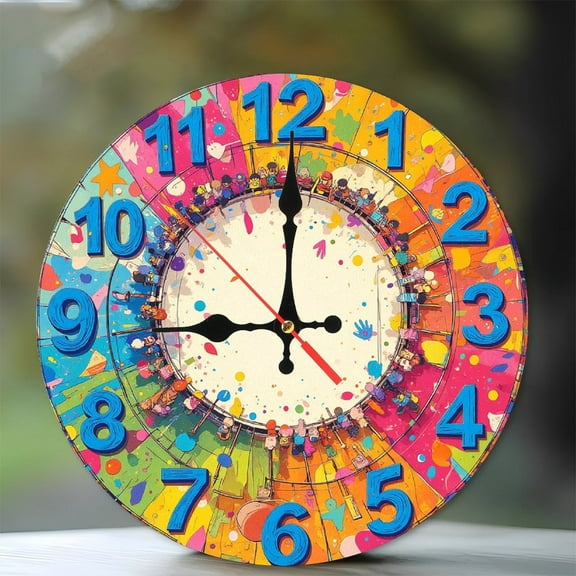 Colorful Clock Wall Decor Round Art Home Decor 10-Inch Silent Wooden Wall Clock, Battery Operated (AA Batteries Not Included), Artistic Home Decor