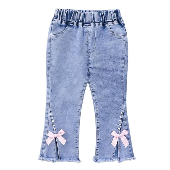 Kids & Little Girl Flare Jeans with Bow Detail, Elastic Waist & Frayed Hem, Light Wash Denim Pants,Size 5-6 T