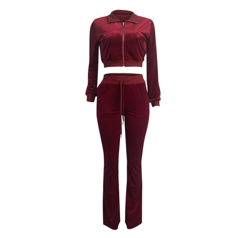 Hfyihgf Women's 2 Piece Velour Tracksuit Set Long Sleeve Zipper Hoodie  Cropped Jacket and Flared Long Pant Y2K Streetwear Sweatsuit Set(Wine,XXL)  