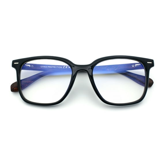 Spring Hinge Woodbuff Arm Studious Horn Rim Plastic Blue Light Filter Eyeglasses Black Brown Wood Grain