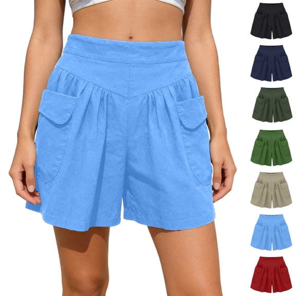 Bmisegm Summer Shorts for Women Plus Size Solid Color Summer Loose Fit Pleated Elastic Waistb Beach Wide Leg Shorts with Pockets Sky Blue M